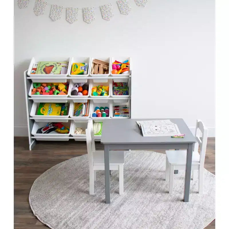Organizzatore porta giocattoli Soho Kids con 16 contenitori, in MDF grigio/bianco, 4 ripiani, hardware anti-ribaltamento