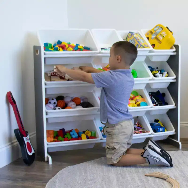 Organizzatore porta giocattoli Soho Kids con 16 contenitori, in MDF grigio/bianco, 4 ripiani, hardware anti-ribaltamento