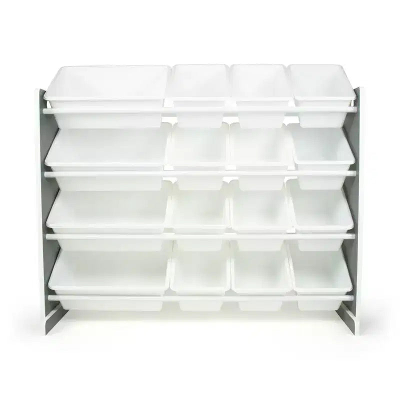 Organizzatore porta giocattoli Soho Kids con 16 contenitori, in MDF grigio/bianco, 4 ripiani, hardware anti-ribaltamento