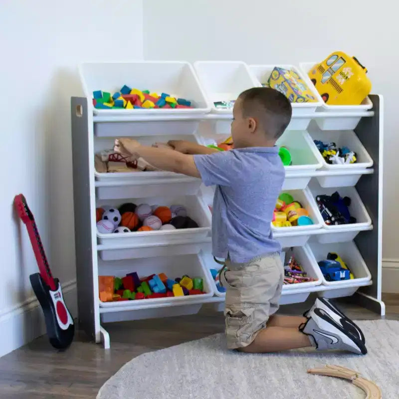 Organizzatore porta giocattoli Soho Kids con 16 contenitori, in MDF grigio/bianco, 4 ripiani, hardware anti-ribaltamento