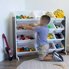Organizzatore porta giocattoli Soho Kids con 16 contenitori, in MDF grigio/bianco, 4 ripiani, hardware anti-ribaltamento