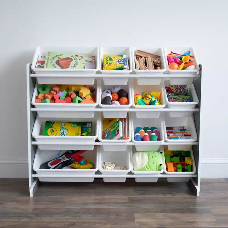 Organizzatore porta giocattoli Soho Kids con 16 contenitori, in MDF grigio/bianco, 4 ripiani, hardware anti-ribaltamento