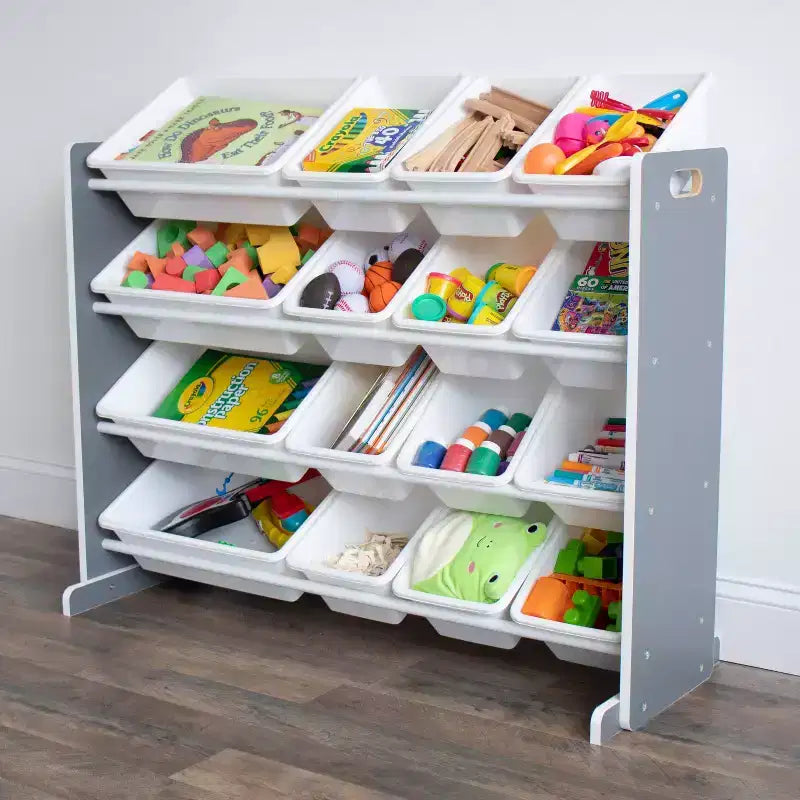 Organizzatore porta giocattoli Soho Kids con 16 contenitori, in MDF grigio/bianco, 4 ripiani, hardware anti-ribaltamento