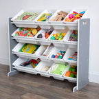 Organizzatore porta giocattoli Soho Kids con 16 contenitori, in MDF grigio/bianco, 4 ripiani, hardware anti-ribaltamento