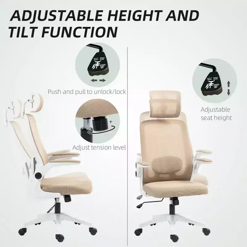 HOMCOM Sedia da Ufficio Ergonomica con Braccioli Ribaltabili, Poggiatesta e Supporto Lombare Regolabili, Sedia da Scrivania in Rete per Ufficio e Casa