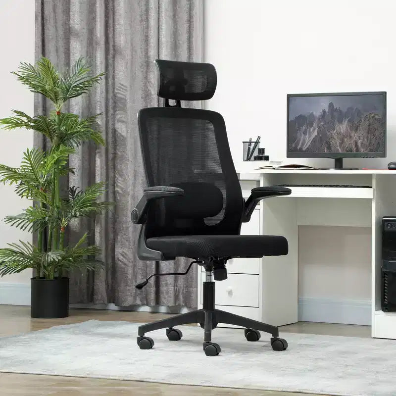 HOMCOM Sedia da Ufficio Ergonomica con Braccioli Ribaltabili, Poggiatesta e Supporto Lombare Regolabili, Sedia da Scrivania in Rete per Ufficio e Casa