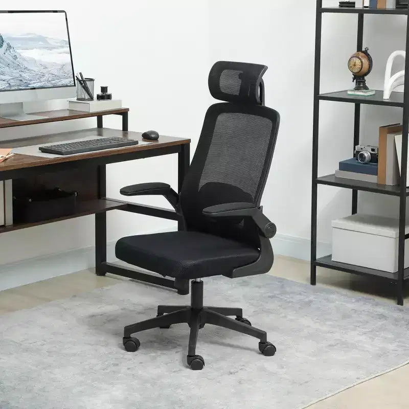 HOMCOM Sedia da Ufficio Ergonomica con Braccioli Ribaltabili, Poggiatesta e Supporto Lombare Regolabili, Sedia da Scrivania in Rete per Ufficio e Casa