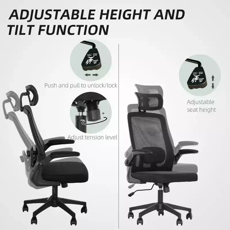 HOMCOM Sedia da Ufficio Ergonomica con Braccioli Ribaltabili, Poggiatesta e Supporto Lombare Regolabili, Sedia da Scrivania in Rete per Ufficio e Casa