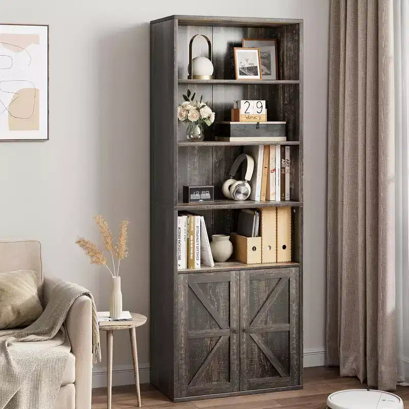 Libreria Industriale in Rovere con Ante, Mobile Contenitore a 4 Ripiani, Altezza 181 cm, Profondità 30 cm, per Camera da Letto/Soggiorno/Ufficio