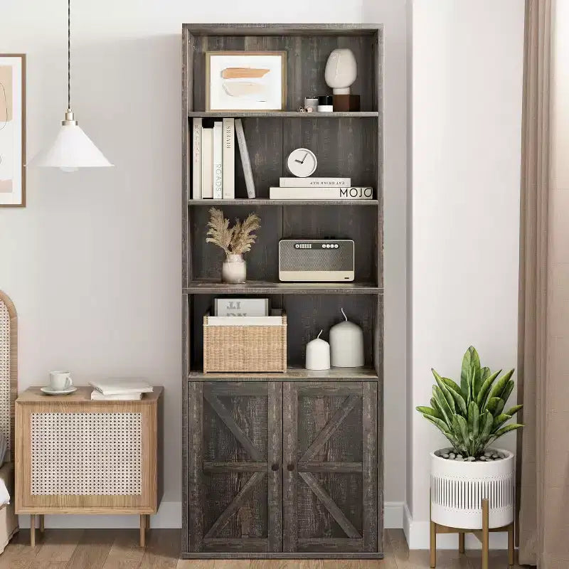 Libreria Industriale in Rovere con Ante, Mobile Contenitore a 4 Ripiani, Altezza 181 cm, Profondità 30 cm, per Camera da Letto/Soggiorno/Ufficio