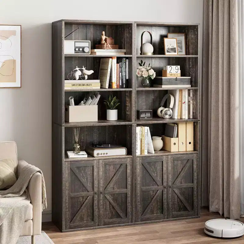 Libreria Industriale in Rovere con Ante, Mobile Contenitore a 4 Ripiani, Altezza 181 cm, Profondità 30 cm, per Camera da Letto/Soggiorno/Ufficio