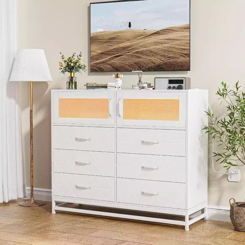 Acekool Cassettiera a 8 cassetti con armadietto per camera da letto, Comò alto con stazione di ricarica, Organizzatore di stoccaggio per soggiorno, corridoio, armadio