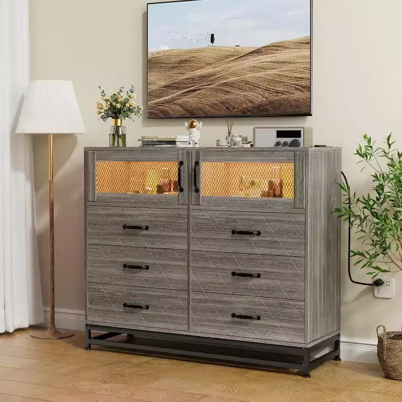 Acekool Cassettiera a 8 cassetti con armadietto per camera da letto, Comò alto con stazione di ricarica, Organizzatore di stoccaggio per soggiorno, corridoio, armadio