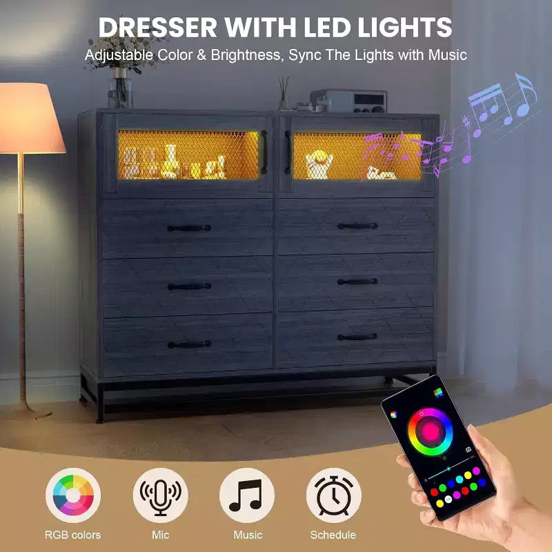 Acekool Cassettiera a 8 cassetti con armadietto per camera da letto, Comò alto con stazione di ricarica, Organizzatore di stoccaggio per soggiorno, corridoio, armadio