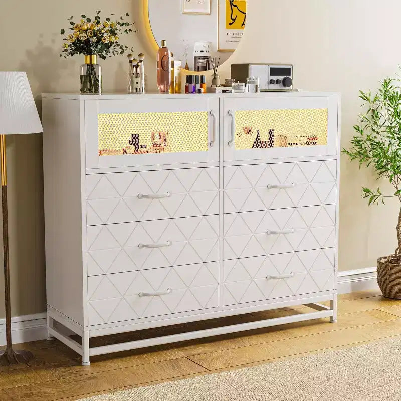 Acekool Cassettiera a 8 cassetti con armadietto per camera da letto, Comò alto con stazione di ricarica, Organizzatore di stoccaggio per soggiorno, corridoio, armadio