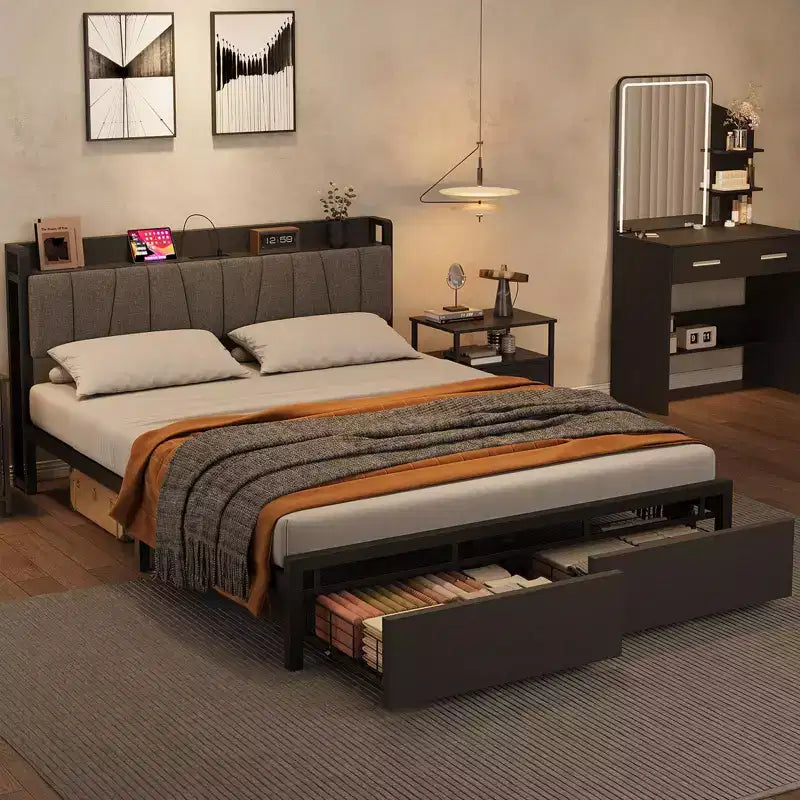 Letto Matrimoniale con Testiera Imbottita, Cassetti Contenitore e Stazione di Ricarica