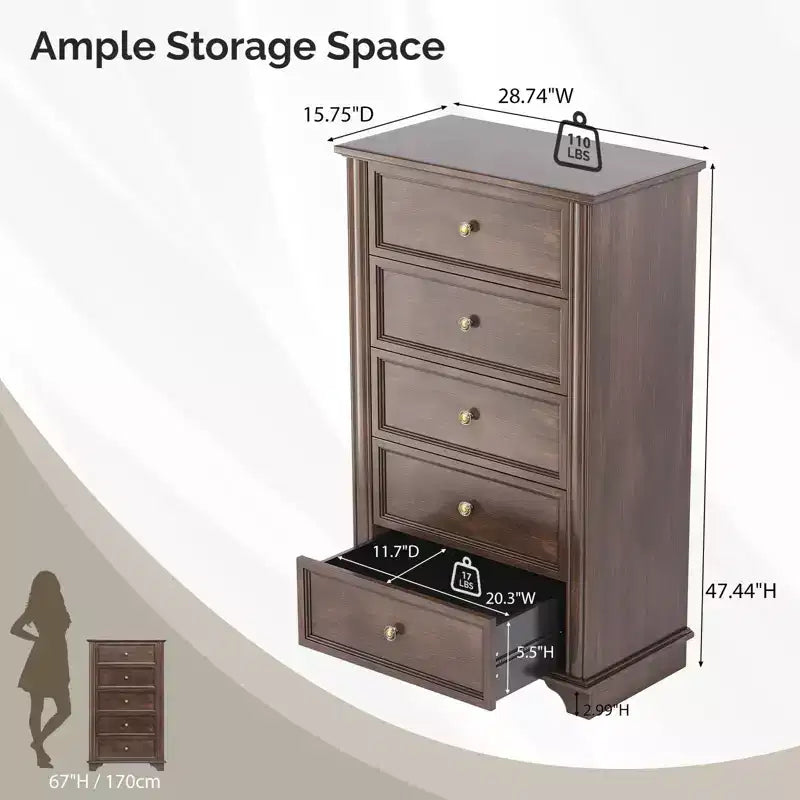 Cassettiera a 5 cassetti in MDF marrone, larghezza 73 cm