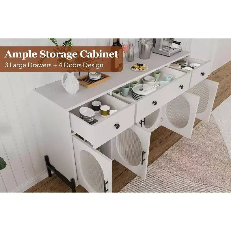 Credenza a Buffet con Contenitore, Credenza a Buffet in Legno con 3 Cassetti e 4 Ante in Vetro, Mobile Buffet da Caffè per Sala da Pranzo, Cucina