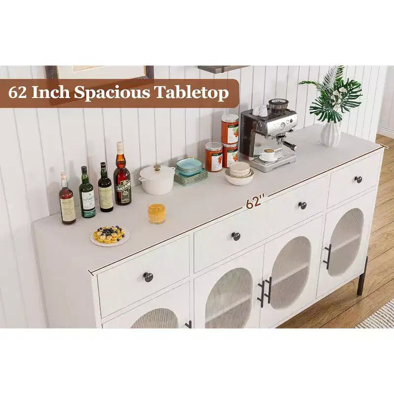 Credenza a Buffet con Contenitore, Credenza a Buffet in Legno con 3 Cassetti e 4 Ante in Vetro, Mobile Buffet da Caffè per Sala da Pranzo, Cucina