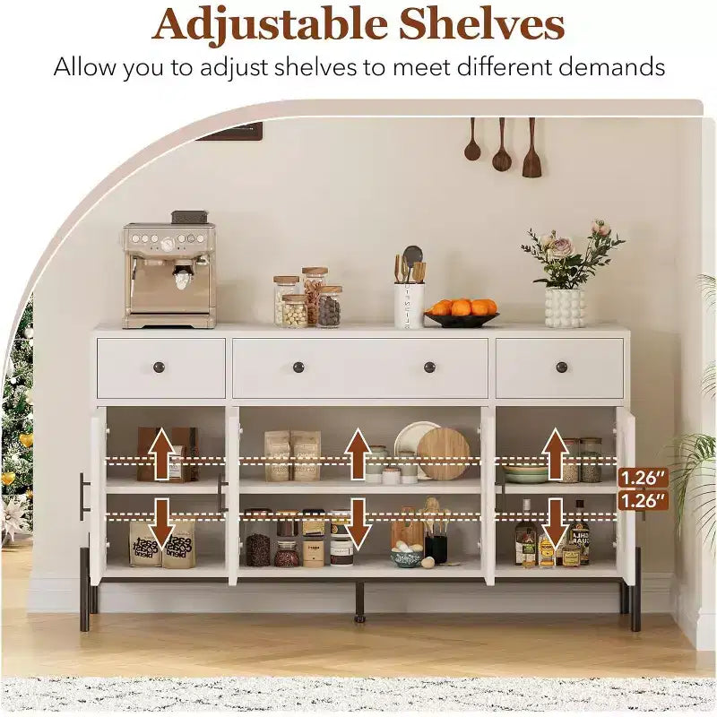 Credenza a Buffet con Contenitore, Credenza a Buffet in Legno con 3 Cassetti e 4 Ante in Vetro, Mobile Buffet da Caffè per Sala da Pranzo, Cucina