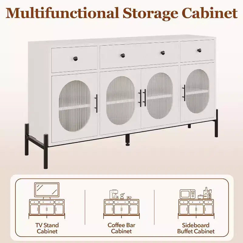 Credenza a Buffet con Contenitore, Credenza a Buffet in Legno con 3 Cassetti e 4 Ante in Vetro, Mobile Buffet da Caffè per Sala da Pranzo, Cucina