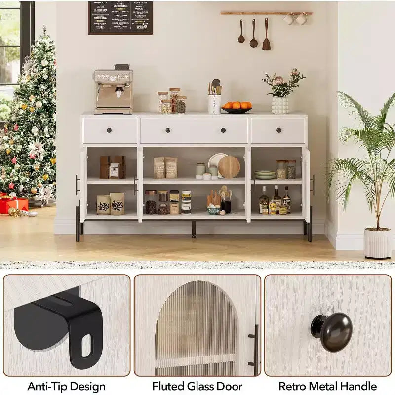 Credenza a Buffet con Contenitore, Credenza a Buffet in Legno con 3 Cassetti e 4 Ante in Vetro, Mobile Buffet da Caffè per Sala da Pranzo, Cucina