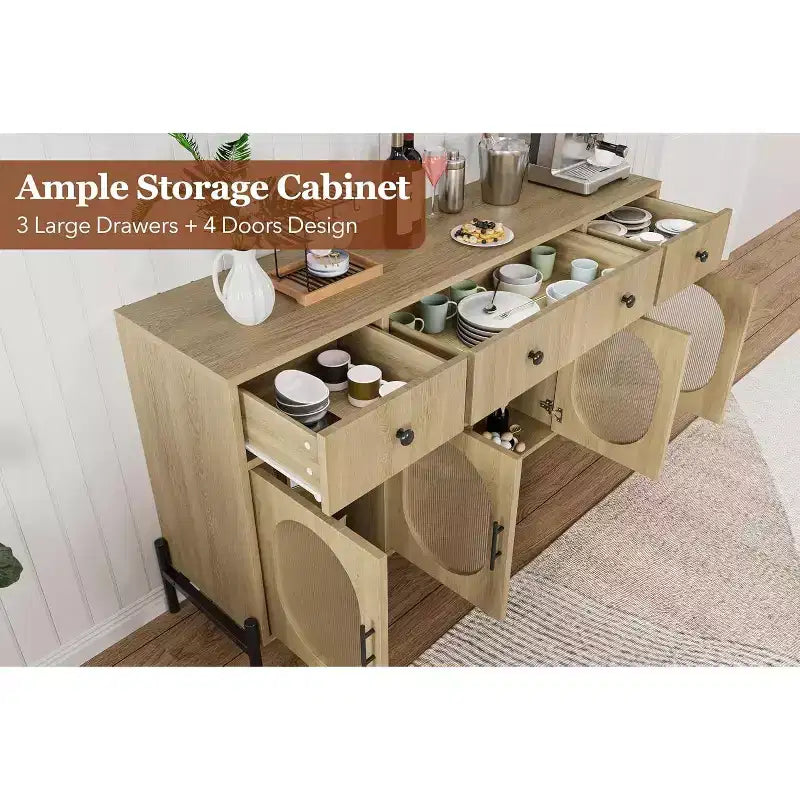Credenza a Buffet con Contenitore, Credenza a Buffet in Legno con 3 Cassetti e 4 Ante in Vetro, Mobile Buffet da Caffè per Sala da Pranzo, Cucina