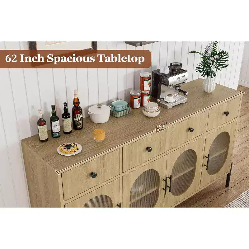 Credenza a Buffet con Contenitore, Credenza a Buffet in Legno con 3 Cassetti e 4 Ante in Vetro, Mobile Buffet da Caffè per Sala da Pranzo, Cucina