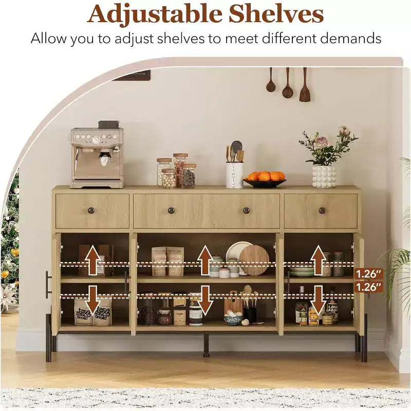 Credenza a Buffet con Contenitore, Credenza a Buffet in Legno con 3 Cassetti e 4 Ante in Vetro, Mobile Buffet da Caffè per Sala da Pranzo, Cucina