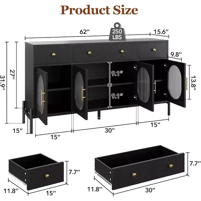 Credenza a Buffet con Contenitore, Credenza a Buffet in Legno con 3 Cassetti e 4 Ante in Vetro, Mobile Buffet da Caffè per Sala da Pranzo, Cucina