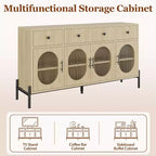 Credenza a Buffet con Contenitore, Credenza a Buffet in Legno con 3 Cassetti e 4 Ante in Vetro, Mobile Buffet da Caffè per Sala da Pranzo, Cucina