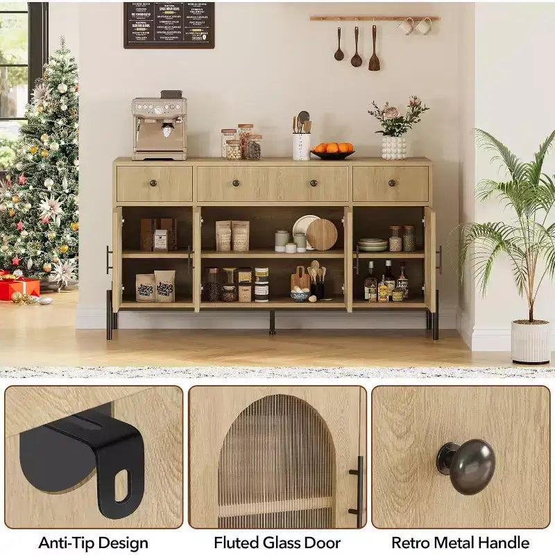 Credenza a Buffet con Contenitore, Credenza a Buffet in Legno con 3 Cassetti e 4 Ante in Vetro, Mobile Buffet da Caffè per Sala da Pranzo, Cucina