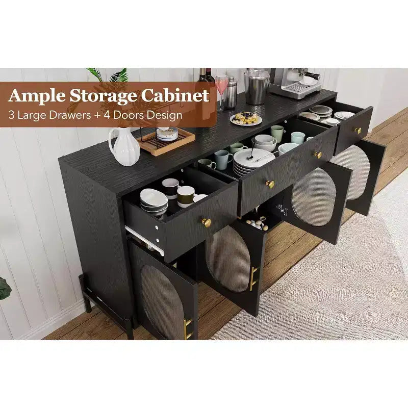 Credenza a Buffet con Contenitore, Credenza a Buffet in Legno con 3 Cassetti e 4 Ante in Vetro, Mobile Buffet da Caffè per Sala da Pranzo, Cucina
