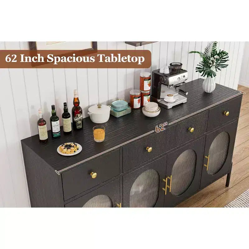 Credenza a Buffet con Contenitore, Credenza a Buffet in Legno con 3 Cassetti e 4 Ante in Vetro, Mobile Buffet da Caffè per Sala da Pranzo, Cucina