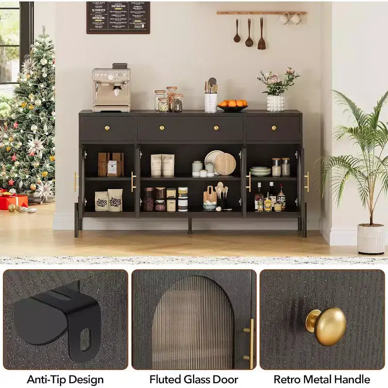 Credenza a Buffet con Contenitore, Credenza a Buffet in Legno con 3 Cassetti e 4 Ante in Vetro, Mobile Buffet da Caffè per Sala da Pranzo, Cucina