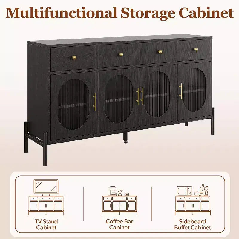 Credenza a Buffet con Contenitore, Credenza a Buffet in Legno con 3 Cassetti e 4 Ante in Vetro, Mobile Buffet da Caffè per Sala da Pranzo, Cucina