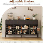 Credenza a Buffet con Contenitore, Credenza a Buffet in Legno con 3 Cassetti e 4 Ante in Vetro, Mobile Buffet da Caffè per Sala da Pranzo, Cucina
