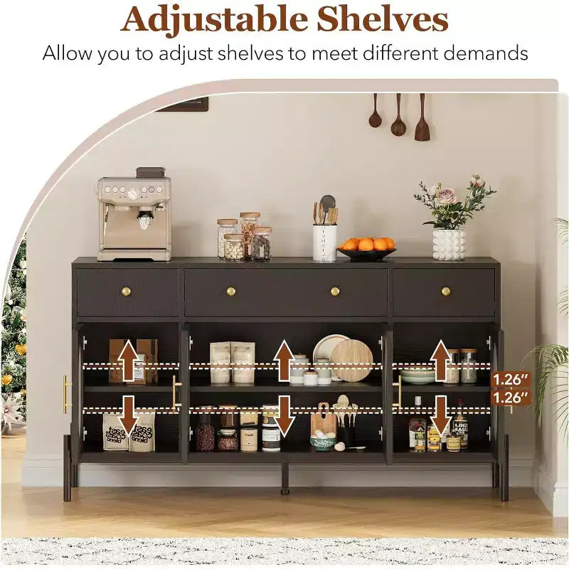 Credenza a Buffet con Contenitore, Credenza a Buffet in Legno con 3 Cassetti e 4 Ante in Vetro, Mobile Buffet da Caffè per Sala da Pranzo, Cucina