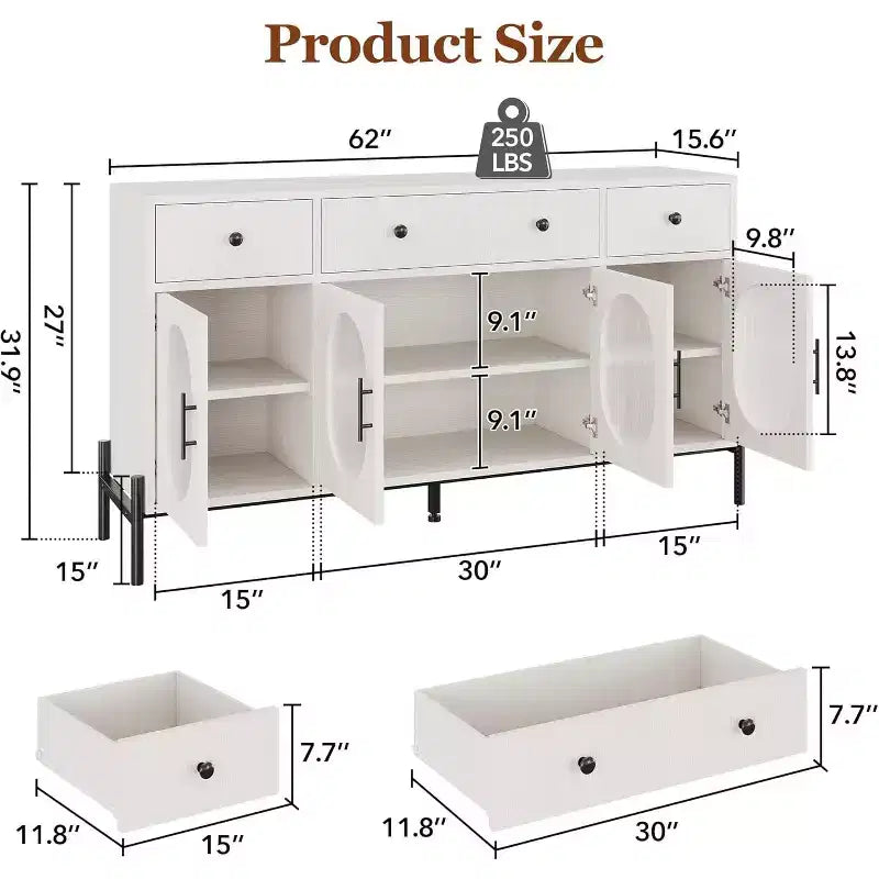 Credenza a Buffet con Contenitore, Credenza a Buffet in Legno con 3 Cassetti e 4 Ante in Vetro, Mobile Buffet da Caffè per Sala da Pranzo, Cucina
