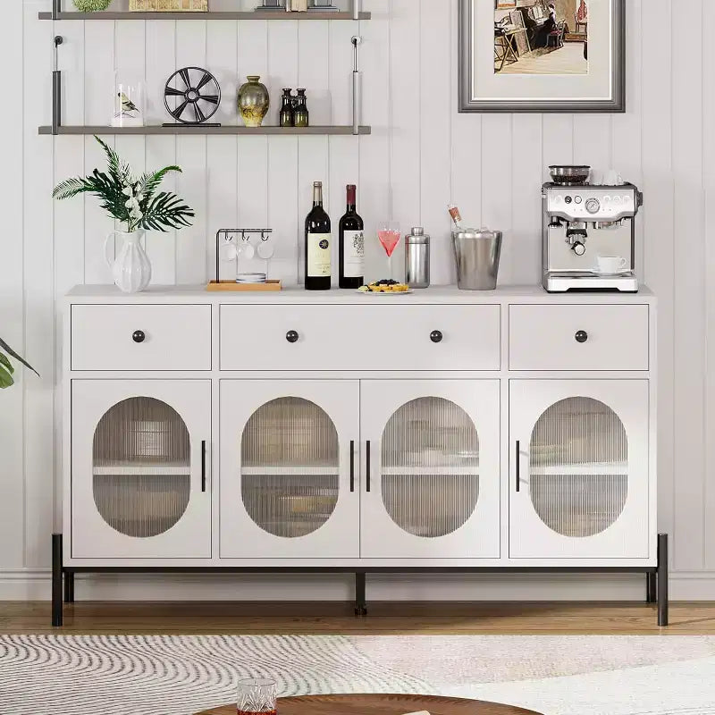 Credenza a Buffet con Contenitore, Credenza a Buffet in Legno con 3 Cassetti e 4 Ante in Vetro, Mobile Buffet da Caffè per Sala da Pranzo, Cucina