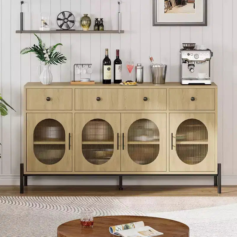 Credenza a Buffet con Contenitore, Credenza a Buffet in Legno con 3 Cassetti e 4 Ante in Vetro, Mobile Buffet da Caffè per Sala da Pranzo, Cucina