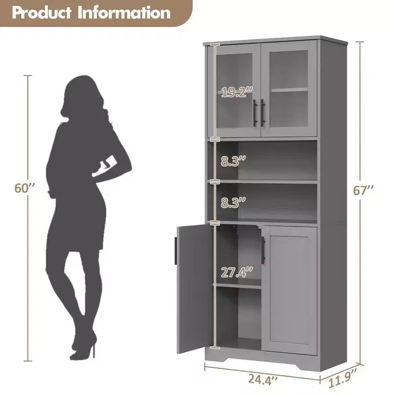 Mobile Bagno Alto, Armadietto Bagno Autoportante con Ante in Vetro e Ripiani Regolabili, Credenza Moderna da 67 cm