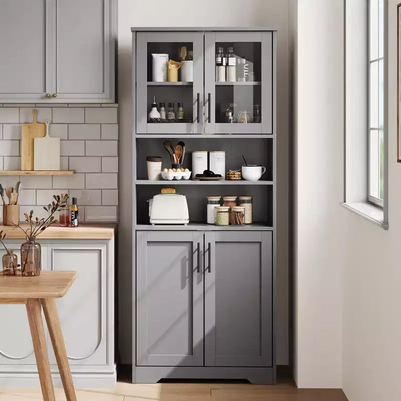 Mobile Bagno Alto, Armadietto Bagno Autoportante con Ante in Vetro e Ripiani Regolabili, Credenza Moderna da 67 cm