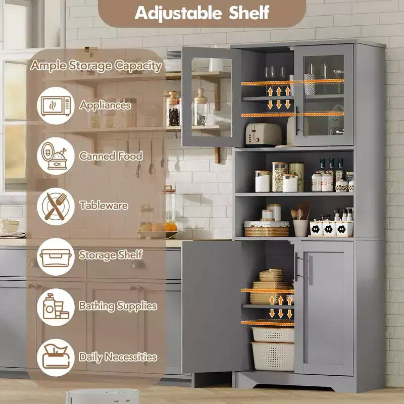 Mobile Bagno Alto, Armadietto Bagno Autoportante con Ante in Vetro e Ripiani Regolabili, Credenza Moderna da 67 cm