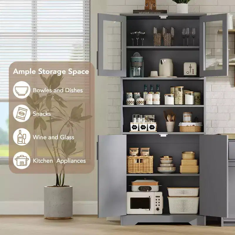 Mobile Bagno Alto, Armadietto Bagno Autoportante con Ante in Vetro e Ripiani Regolabili, Credenza Moderna da 67 cm