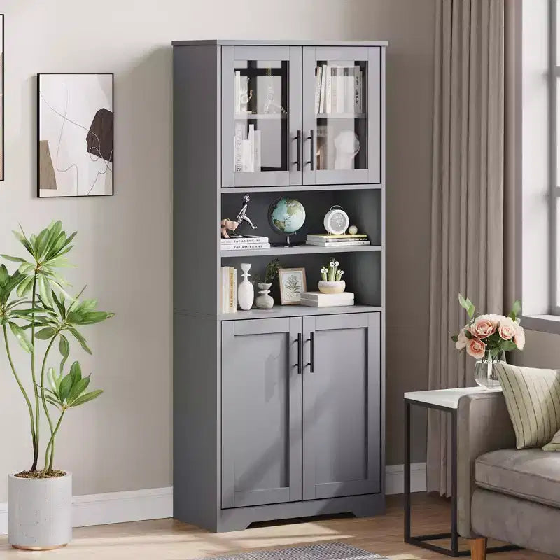 Mobile Bagno Alto, Armadietto Bagno Autoportante con Ante in Vetro e Ripiani Regolabili, Credenza Moderna da 67 cm