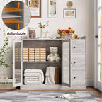 Credenza e mobile contenitore a buffet grigio 43 con design a ringhiera, ripiani regolabili e 3 cassetti per cucina, sala da pranzo e soggiorno