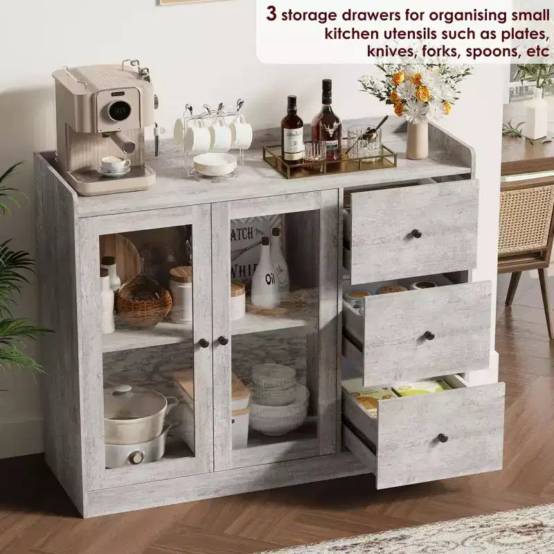 Credenza e mobile contenitore a buffet grigio 43 con design a ringhiera, ripiani regolabili e 3 cassetti per cucina, sala da pranzo e soggiorno