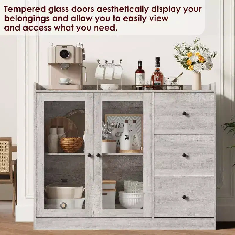 Credenza e mobile contenitore a buffet grigio 43 con design a ringhiera, ripiani regolabili e 3 cassetti per cucina, sala da pranzo e soggiorno