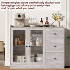 Credenza e mobile contenitore a buffet grigio 43 con design a ringhiera, ripiani regolabili e 3 cassetti per cucina, sala da pranzo e soggiorno